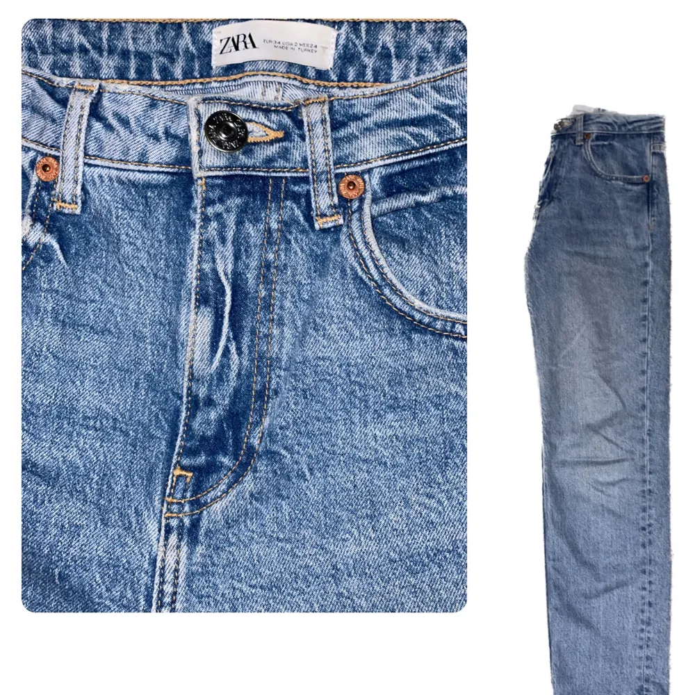 🦋Ljusblåa jeans  🦋Köpt på Zara  🦋hög midjade  🦋Stl 34 🦋Pris 100kr 🦋Modell straight. Jeans & Byxor.