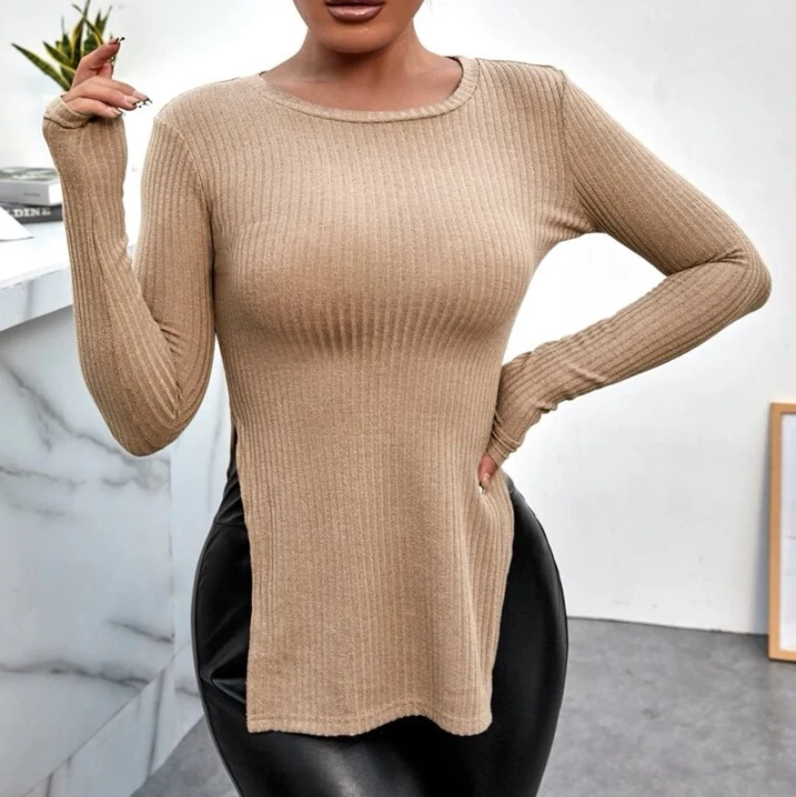 Delad rib-Knit slätt enkel tröja