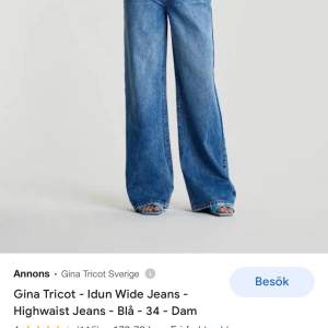 Säljer ett par IDUN wide jeans i storlek 34. Har dessvärre ingen bild på mig själv i dem. På första bilden ser ni hur de sitter på modellen. På andra bilden färgen, då jag har den ljusare nyansen. Köpare står för frakten själv. Använda fåtal gånger💕