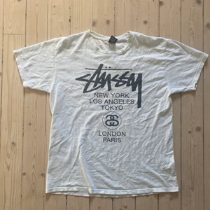Vintage stussy T-shirt  - En väldigt snygg T-shirt från märket stussy. Den är i storlek Xl men sitter mer som en boxy L. Den är i bra skick förutom att den har lite små fläckar o små hål 6/10. 