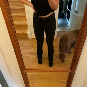 Jeans - Svarta lågmidjade jeans. Använt skick men snygga! Storlek 28/32, passar mig som vanligtvis har s i byxor