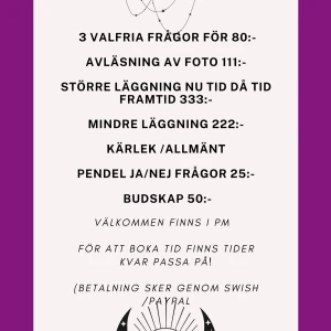 Spår - Hej jag är medial och spår!  Hör av er om ni är intresserade!   Min prislista ser ni på bilden :) Betalning sker via swish eller paypal  Har återkåmmande kunder då referenser finns vid intresse.