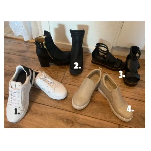 Fyra par skor. - 1. Guess, använda en gång. 700kr 2. Johnny Bulls, knappt använda. 800kr 3. Nero Sandal Tapasita Nero. Använda en gång. 700kr. 4. Kilklacksskor mjuk, 300kr.