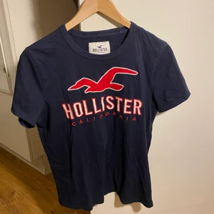 Hollister, t-shirt i strl S - Mörkblå t-shirt med rött tryck från Hollister. Knappt använd. Storlek S I herrstorlek. 