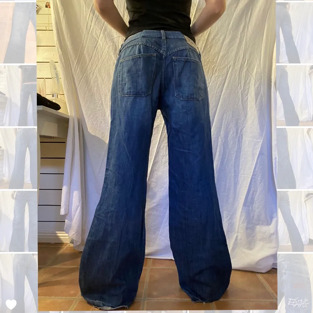 Ascoola lågmidjade jeans från Diesel med så fina fickor fram! Vida och långa. Lite insydda där bak (se andra bilden) vilket gör att de formar rumpan bra, men går såklart att sprätta upp om man vill! Midjemåttet är 43/44cm men de är även väldigt stretchiga. Innerbenslängden är 83cm. (Fläcken på benet på första bilden är borttvättad nu😉) Lite osäker på att sälja så säljer bara vid bra bud. Skriv vid frågor eller intresse!!💕💕. Jeans & Byxor.