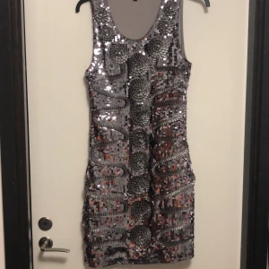 Paljett klänning  - En super fin silvrig paljett klänning. Använd endast 1 gång alltså i väldigt nytt skick. Köpt i Spanien för några år sedan.  Ej stickig från insidan, tyg för paljetterna.  Frågor?  Skriv i DM Köparen står för frakten.