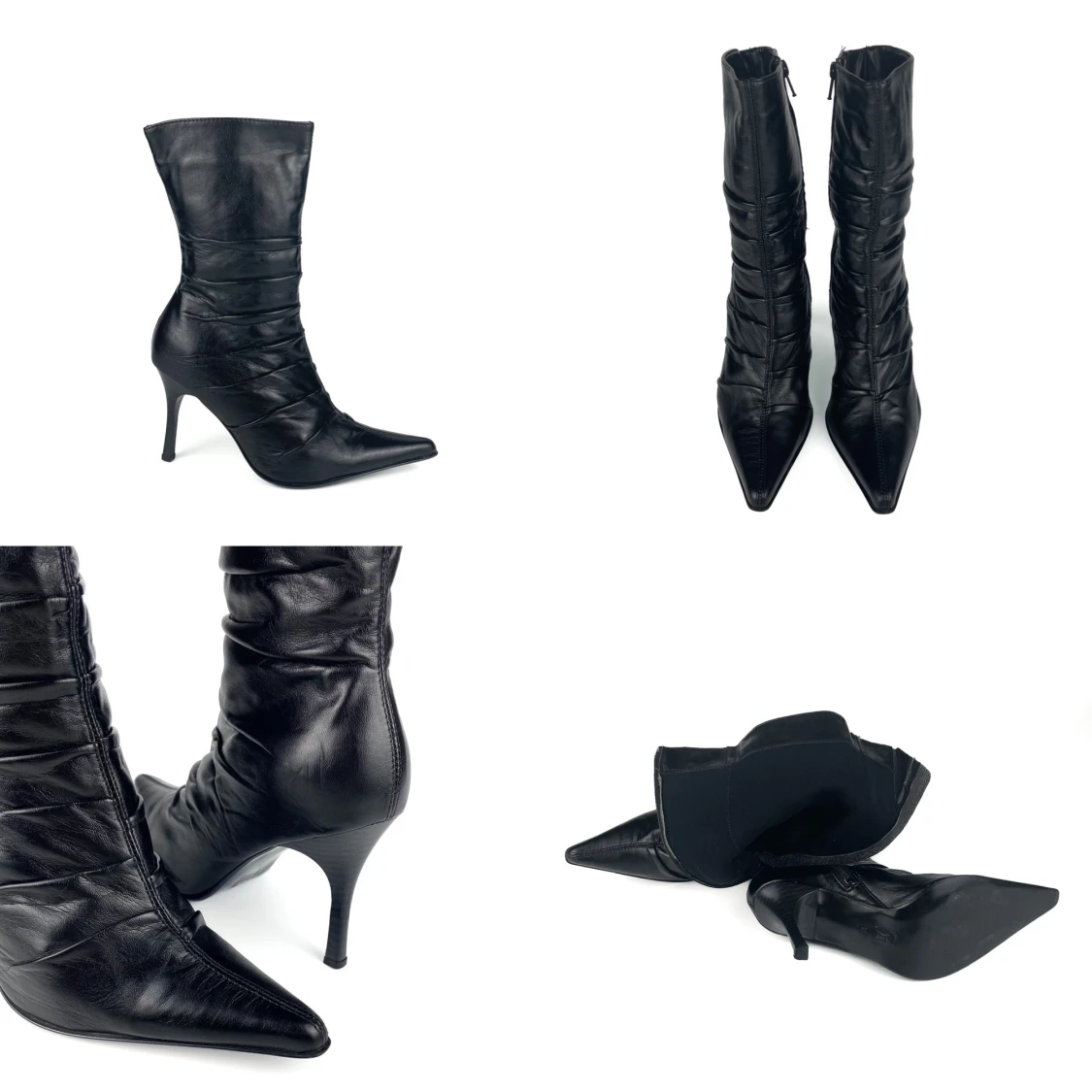 Vintage Y2K 90s 00s real leather pointy toe high heels mid calf boots in black size 38 EU - 91