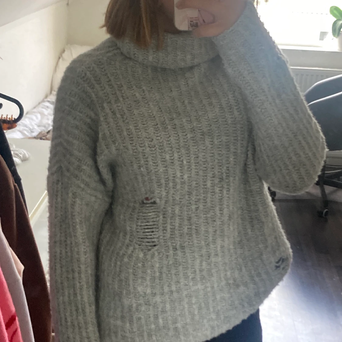 Grå stickad polo tröja strl 170 - 90