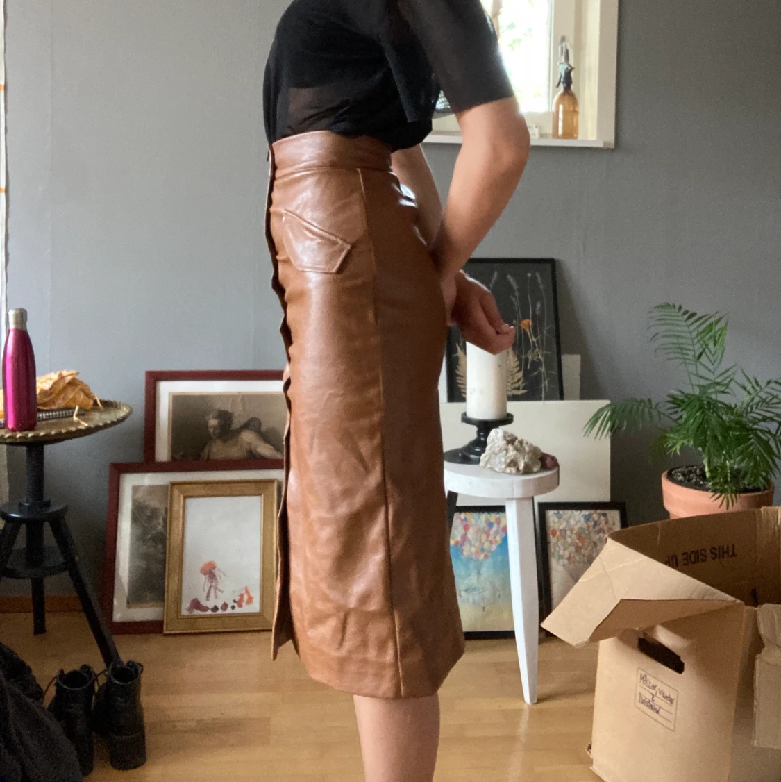 Midi kjol brun skinn - 90