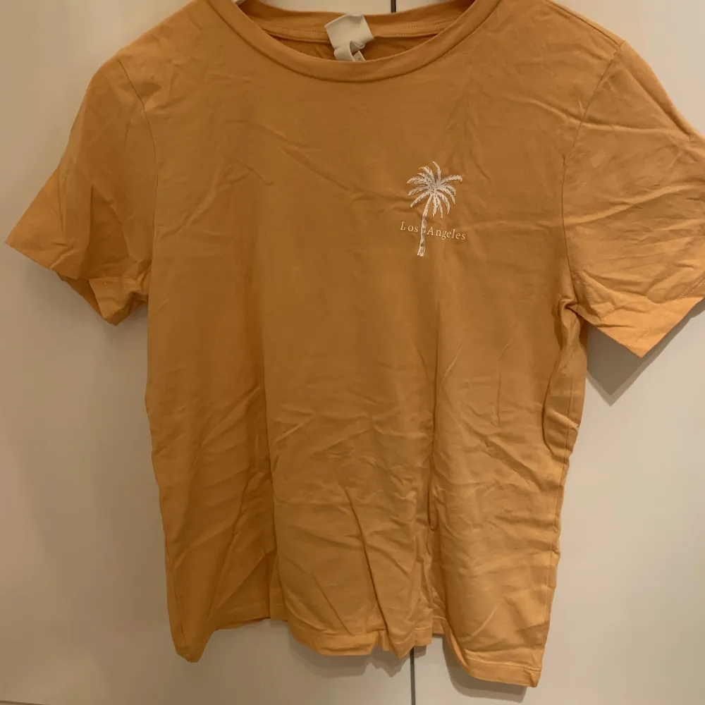 Säljer denna fina orange tröjan från H&M. Tröjan har ett litet tryck på vänster sida i form av en palm. Tröjan är i stl S. Köparen står för frakten❤️. T-shirts.