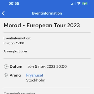 Morad biljett Stockholm  - Säljer en biljett till Morads konsert i Stockholm nu på söndag, försöker bli av med den så fort som möjligt så kom gärna med prisförslag💙