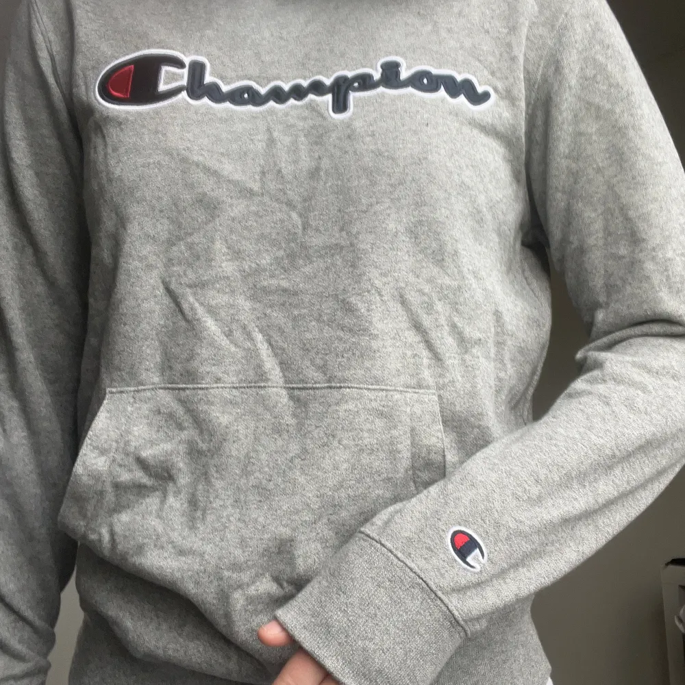 Grå champion hoodie i storlek 162/167. Hoodies.