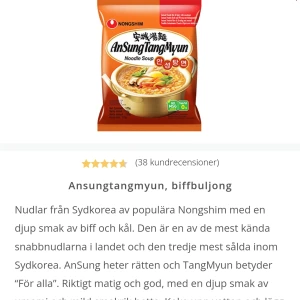 Ansungtangmyun Nudlar - Har köpt 10 st men de var lite för starka för min smak, därför säljer jag de 9st som är kvar, beställt för 1 vecka sen! helt nya, köpt 1 för 19kr styck men säljer för 15kr styck nu, 130kr för alla 9st!. KÖP EJ DITEKT! Frakten kostar mer än plick har.