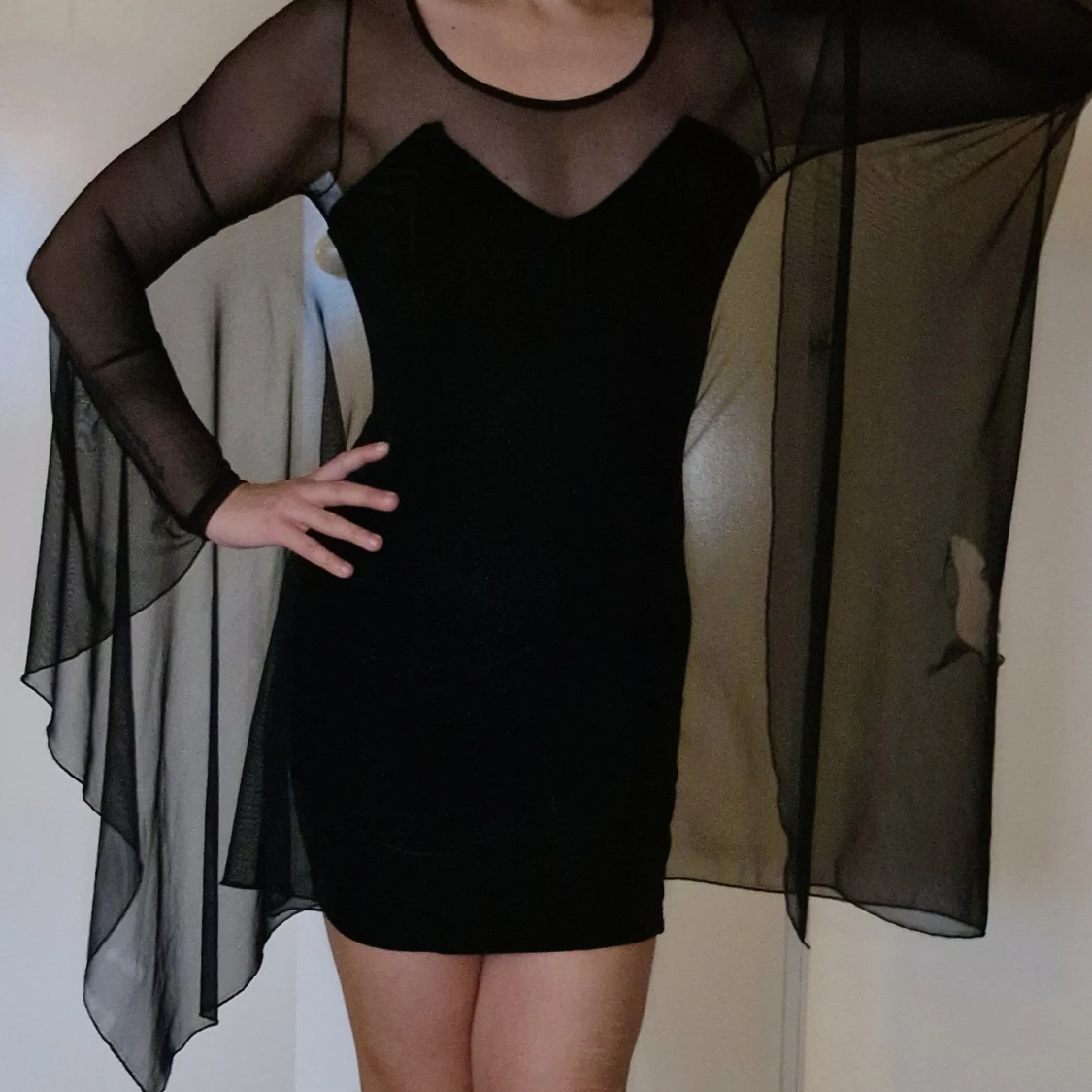 Unik goth batwing klänning i sammet och mesh storlek 36