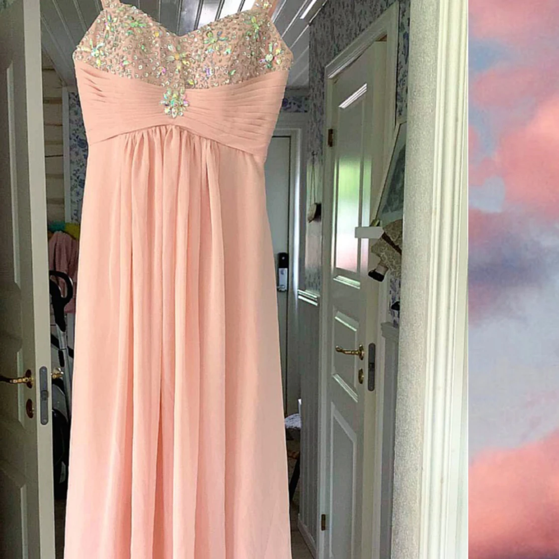 Ljus beige-rosa balklänning med strass  - 91