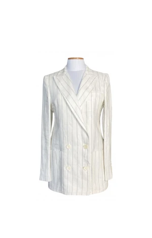 Max Mara linen blazer  - MAX MARA BLAZER IN LINEN[[2 11'Bellico" model linen jacket. Large fit, deliberately androgynous straight shape. The ivory white of the linen is embellished with blue stripes, matching double breasted button fastening. 