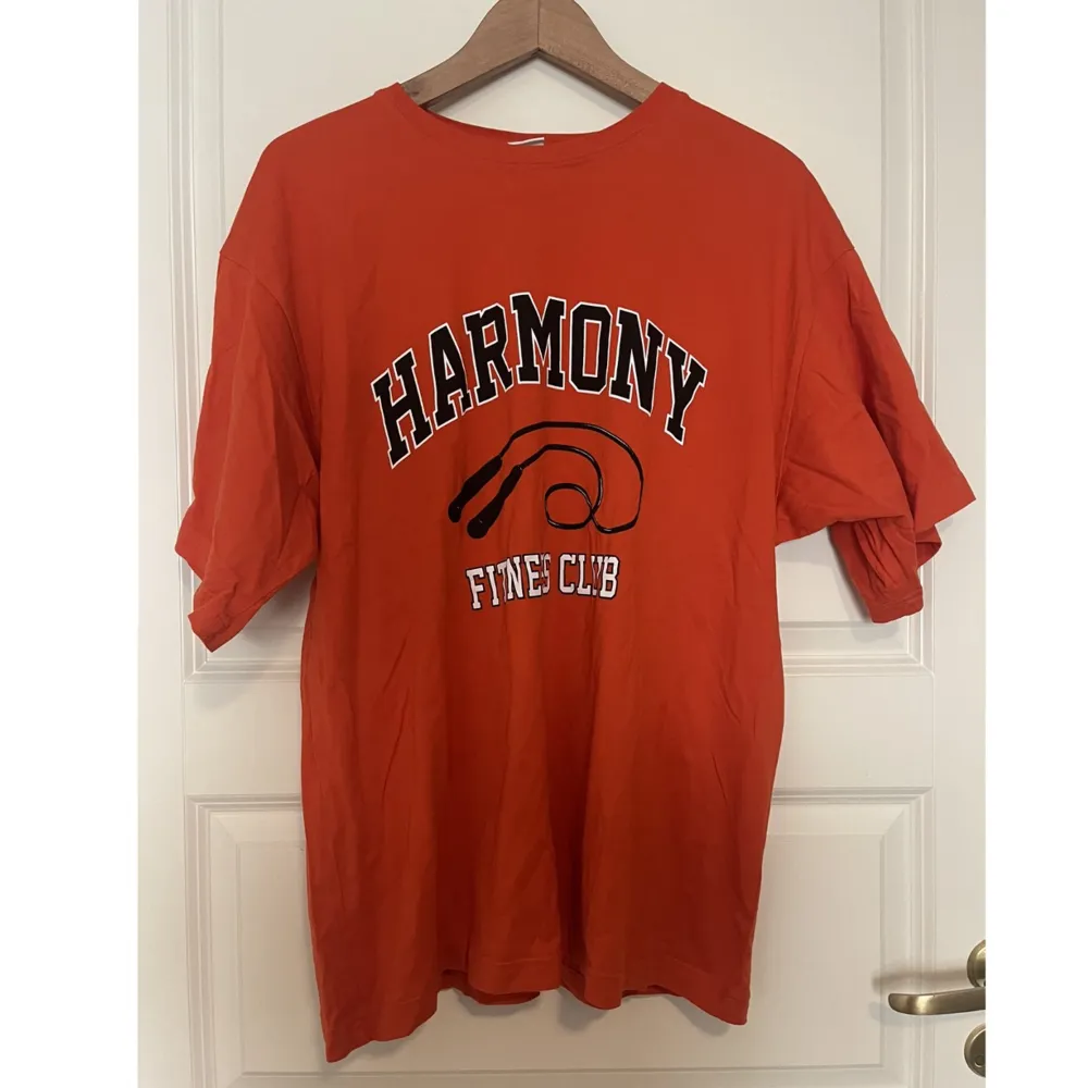 En orange oversized T-shirt som är köpt ifrån hm. Den har ett tryck på framsidan och är använd ca 10 gånger. . T-shirts.
