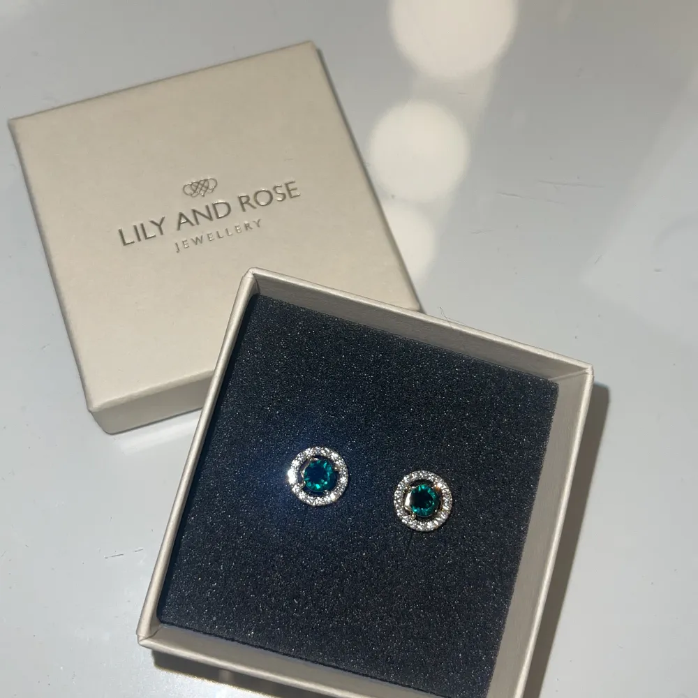 Lilly and rose örhängen i guld men har en grön sten i sig. Glittert gör att det ser silvrigt ut🥰ordinarie pris 329kr. Accessoarer.