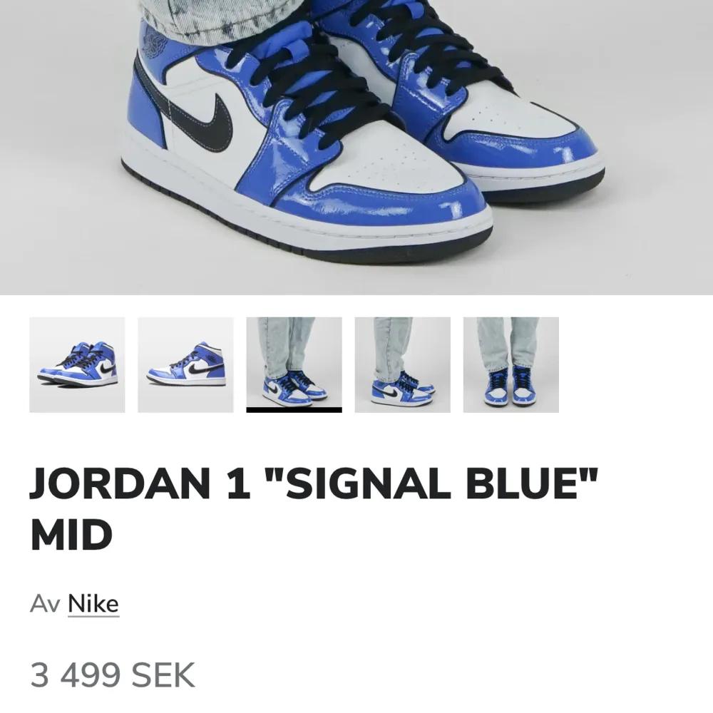 Säljer nu mina Air Jordan 1 mid high signal blue, i ett bra skick. Ser nästan nya ut, förutom att de är liiite creasade framtill. Storlek 39, nypris över 3000kr! 💙 . Skor.