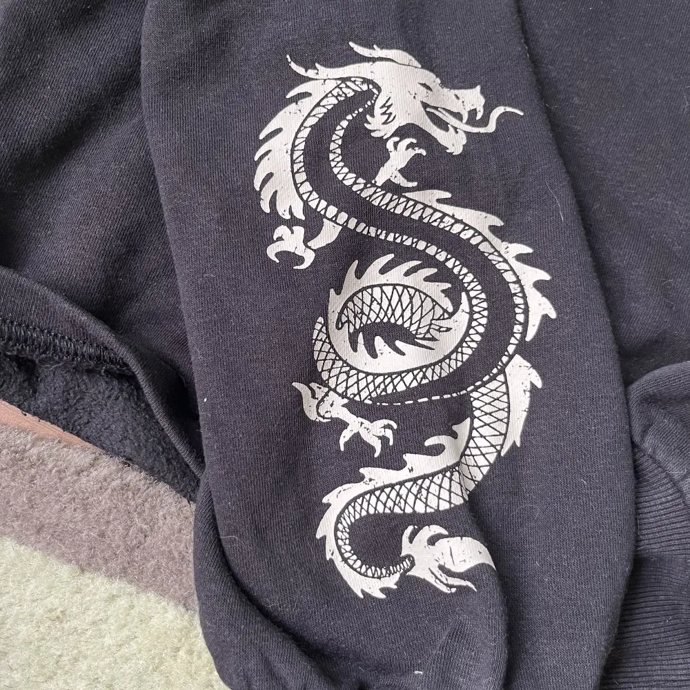 En svart drak hoodie med vita drakar på armarna i storlek 170 (s)! Väl använd men fortfarande i bra skick!👌🌸. Hoodies.