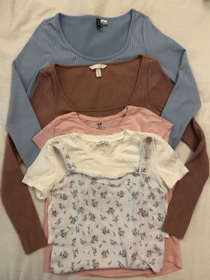 Klädpaket dam XS/S | 5 toppar/tröjor | Coquette & basic - 🤍 Paket med 5 fina toppar och tröjor i storlek XS/  Perfekt baspaket med neutrala färger som passar till det mesta. Innehåller ribbad brun långärmad topp, ljusblå långärmad topp, rosa t-shirt samt två ljusa toppar med feminina detaljer.  ✨ Passar perfekt till en capsule wardrobe, vardag eller lager-på-lager.  • Storlek: XS/S • Hör av dig om du vill köpa enskild • Bra skick  📦 Först till kvarn.