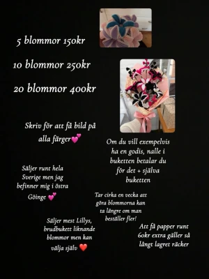 Bukett med färgglada piprensare blommor - Unik bukett med handgjorda piprensare blommor i olika färger som blått, lila, rosa, svart, vitt och rött. Blommorna har en mjuk, sammetsliknande yta och är arrangerade i ett dekorativt papper. Perfekt som dekoration eller present. Skriv privat för mer info!❤️