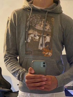 Grå hoodie med tryck - Säljer en grå hoodie med huva och dragsnören. På bröstet finns ett tryck med spöken, pumpor och höstlandskap i varma färger. Hoodien har en stor magficka och ribbade muddar vid ärmar och nederkant. Perfekt för dig som gillar mysiga höstvibbar och coola prints. Grym passform, använd få gånger.
