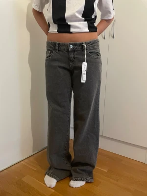 Grå jeans med ultra låg midja  - Säljer ett par gråa jeans med lös passform och hög midja. Jeansen har klassiska fem fickor, raka ben och knappgylf. Materialet är denim i bomull. Perfekta för en avslappnad och trendig stil.helt ny