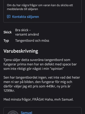 HyperX kompakt svart tangentbord - Säljer ett kompakt svart tangentbord från HyperX med minimalistisk design. Tangentbordet har mekaniska tangenter och en space bar som inte fungerar helt perfekt. Perfekt för gaming eller skrivbordet om du gillar mindre format.