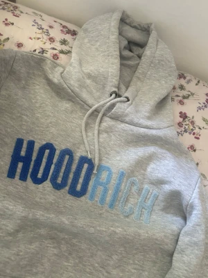 Grå HOODRICH hoodie med blå text - Snygg grå hoodie från HOODRICH med stor broderad logga i olika blå nyanser på bröstet. Klassisk huva med dragsko och mjukt material som känns skönt mot huden. Perfekt för en chill och avslappnad stil.