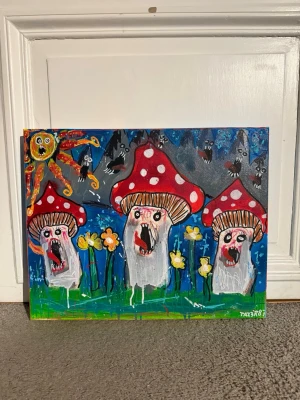 Handmålad 50x40 canvas - ”Mushroom land” akryl på canvas 50x40 beskriver ett land där svampar lever 