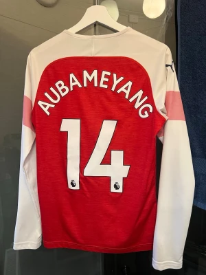 Arsenal matchtröja Aubameyang #14 - Säljer en långärmad Arsenal matchtröja från Puma med Aubameyang och nummer 14 på ryggen. Tröjan är röd med vita ärmar och detaljer, Arsenal-emblem på bröstet och Fly Emirates-tryck. Perfekt för fotbollsfans som vill visa sitt stöd för laget.