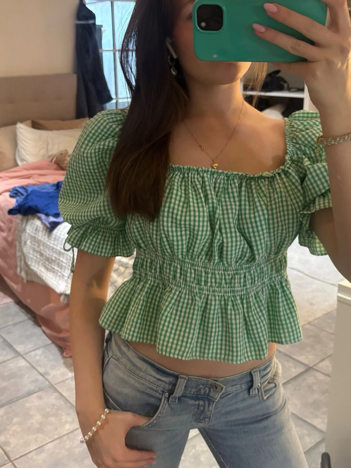 Grön rutig blus med puffärmar - 2