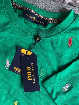Grön t-shirt från Polo Ralph Lauren - Snygg grön t-shirt från Polo Ralph Lauren med broderade polospelare i flera färger. Klassisk rund halsringning och korta ärmar. Tillverkad i mjuk bomull som känns skön mot huden. Perfekt för dig som gillar färg och stilrena detaljer.