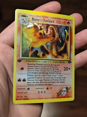 1st Edition Blaine's Charizard Pokémonkort - Säljer ett samlarkort från Pokémon, Blaine’s Charizard 1st Edition. Perfekt för dig som gillar Pokémon och samlarkort. Kortet är i otroligt fint skick. 
