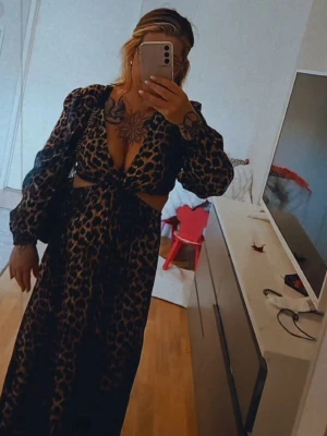 Leopardmönstrad långklänning med cut-outs - Säljer en snygg långklänning med leopardmönster och markerad midja. Klänningen har långa puffärmar, djup v-ringning och trendiga cut-outs vid midjan. Perfekt för dig som vill sticka ut! Materialet känns mjukt och följsamt.