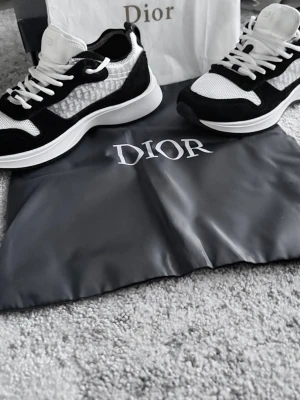 Svarta och vita Dior sneakers - Snygga Dior sneakers i svart och vitt med klassisk logga på sidan. Skorna har en chunky vit sula, meshdetaljer och partier i mocka. Låga i modellen och perfekta för dig som vill ha en exklusiv och trendig look. Levereras med dustbag och box.