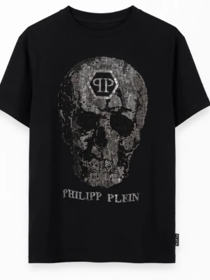 Svart Philipp Plein t-shirt med paljetter - Snygg svart t-shirt från Philipp Plein med korta ärmar och rund hals. Framsidan har ett stort motiv i glittriga paljetter och logga, medan baksidan har en liten metallpatch vid nacken. Perfekt för dig som gillar statement-plagg.