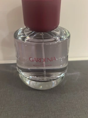 Zara Gardenia Bloom Collection parfym - En stilren parfymflaska från Zara Gardenia Bloom Collection. Flaskan är rund och genomskinlig med ett vinrött lock. Perfekt för dig som gillar blommiga dofter och snygg design på parfymhyllan.
