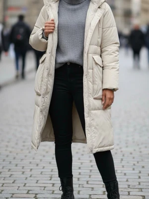 Lång beige dunjacka med huva - Säljer en lång beige dunjacka med huva och stora fickor på sidorna. Jackan har en rak passform och är perfekt för kalla vinterdagar. Stängs med dragkedja och knappar framtill. Stilren design som håller dig varm. Passar även till gravida kvinnor.