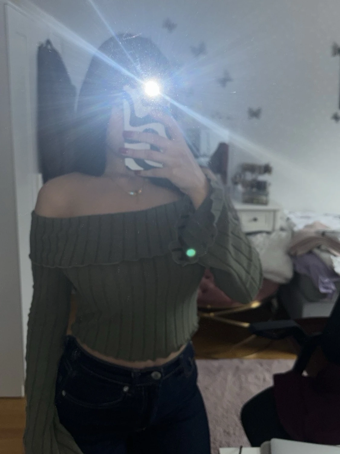 Olivgrön ribbad offshoulder topp - 1