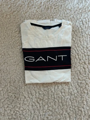 Vit GANT t-shirt med logga - Vit t-shirt från GANT med en bred svart panel över bröstet och tydlig GANT-logga i vitt. T-shirten har korta ärmar, rund halsringning och röda detaljer på panelen. Tillverkad i mjuk bomull för en skön känsla. Storlek 158-164    13-14 years