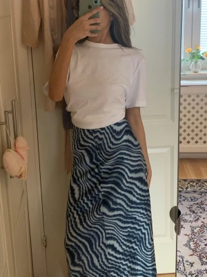 Blå långkjol med zebramönster - Cool långkjol med blått och vit zebramönster. Kjolen har en rak och flowy passform som ger en avslappnad vibe. Perfekt att matcha med en enkel t-shirt för en trendig look.