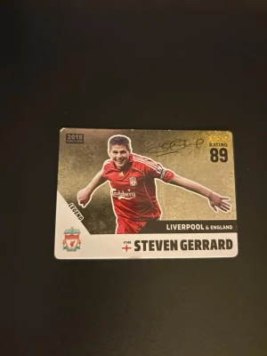 Signaler fotbollskort Steven Gerrard - Samlarkort från 2018 med Steven Gerrard i Liverpooltröja. Kortet har guld- och svart design, spelarinfo, statistik och signaturtryck. Perfekt för dig som gillar fotboll och samlar på legender. Kortet är signat när han var i sin Prime.