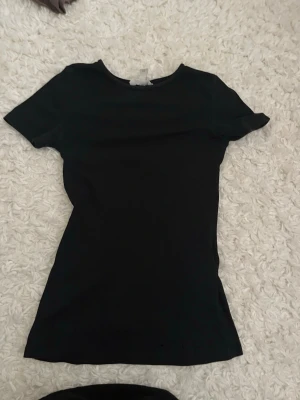 Svart ribbad t-shirt från H&M - En svart ribbad t-shirt från H&M i storlek XS. T-shirten har korta ärmar, rund halsringning och är tillverkad i mjuk bomull. Enkel och stilren modell som passar till det mesta.