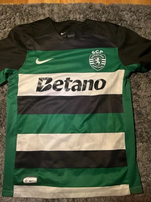 Sporting Lissabon matchtröja Nike - Grön, svart och vit randig matchtröja från Sporting Lissabon med klubbmärke och Nike-logga på bröstet. Tröjan har sponsortryck 'Betano' på framsidan och är tillverkad i ett lätt, ventilerande material perfekt för fotboll.