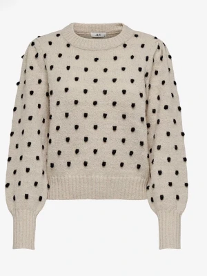 Beige stickad tröja med svarta prickar - Supersöt beige stickad tröja från JDY med svarta broderade prickar över hela plagget. Tröjan har rund hals, ballongärmar och breda ribbade muddar vid ärmslut och nederkant. Perfekt för dig gillar trendiga kläder och cool stil.