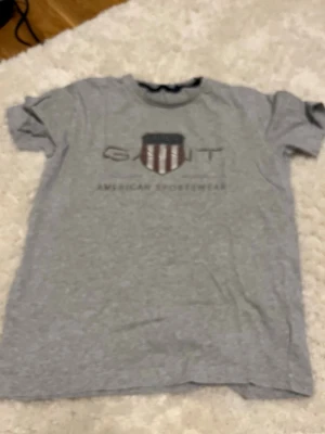 Grå GANT t-shirt med tryck - Säljer en grå t-shirt från GANT med trycket 'American Sportswear' och ett sköldmärke med rödvita ränder och siffran 1949 på bröstet. Klassisk rund hals och korta ärmar. Perfekt för en avslappnad och sportig stil.