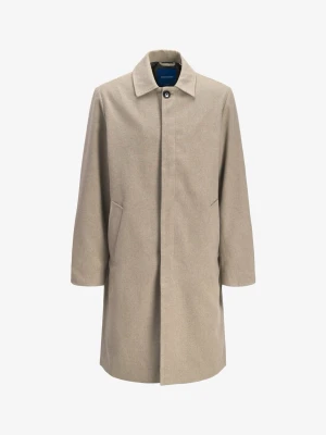 Beige rock från JACK & JONES - Stilren beige rock från JACK & JONES med klassisk krage och dold knappslå. Rocken har raka ärmar, två snedställda fickor och en rak passform. Perfekt för dig som vill ha en clean och tidlös look. Materialet ser ut att vara en ullblandning.