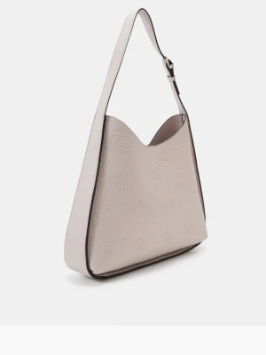 Beige axelväska från Guess - Snygg beige axelväska från Guess i stilren design med präglat logomönster över hela väskan. Väskan har justerbart axelband, magnetlås och guldfärgad logodetalj framtill. Tillverkad i konstläder med slät finish och svarta kanter.